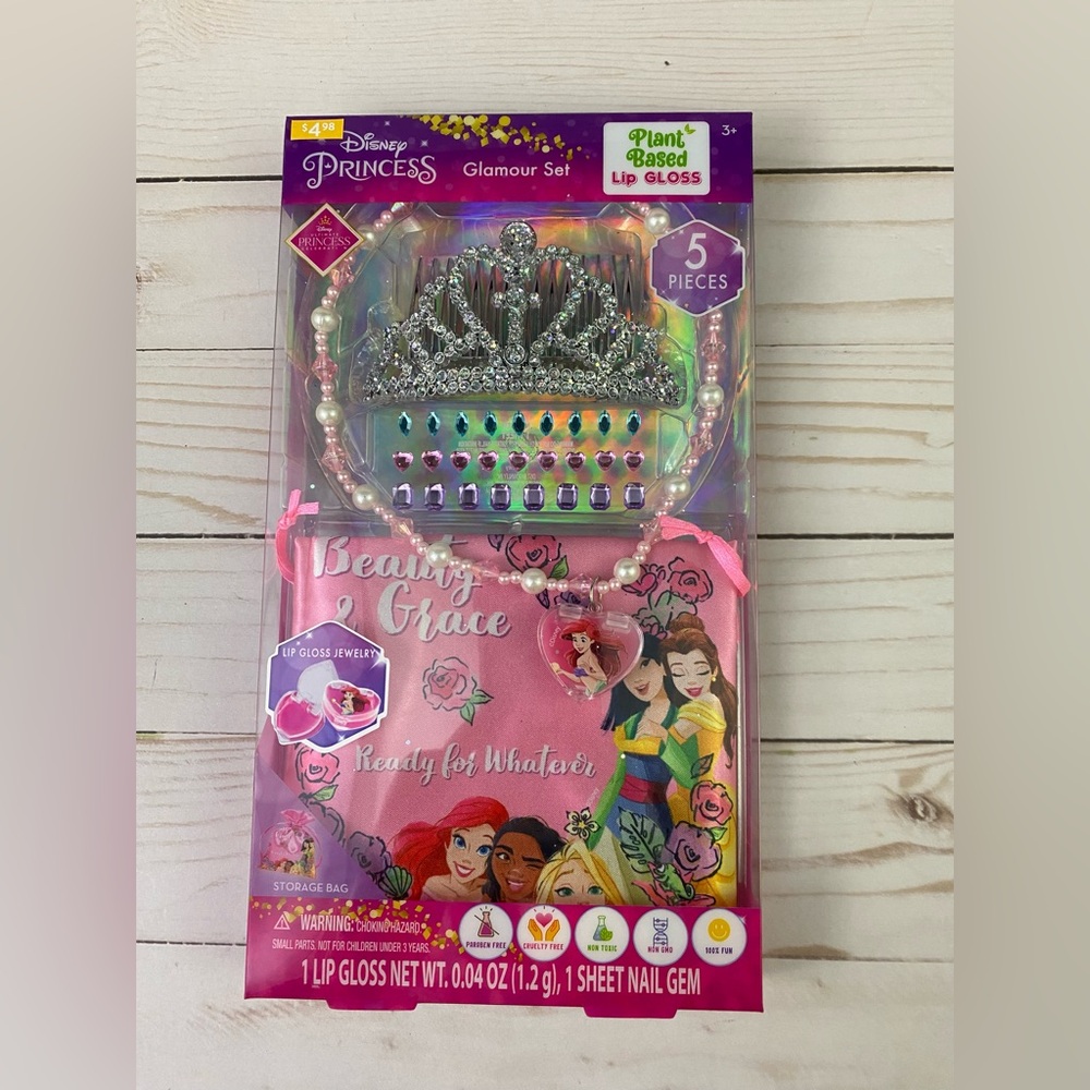 Disney Princess Glamour Set 5 Pc Ages 3+ Necklace Crown Lip Gloss Nail Gem Bag